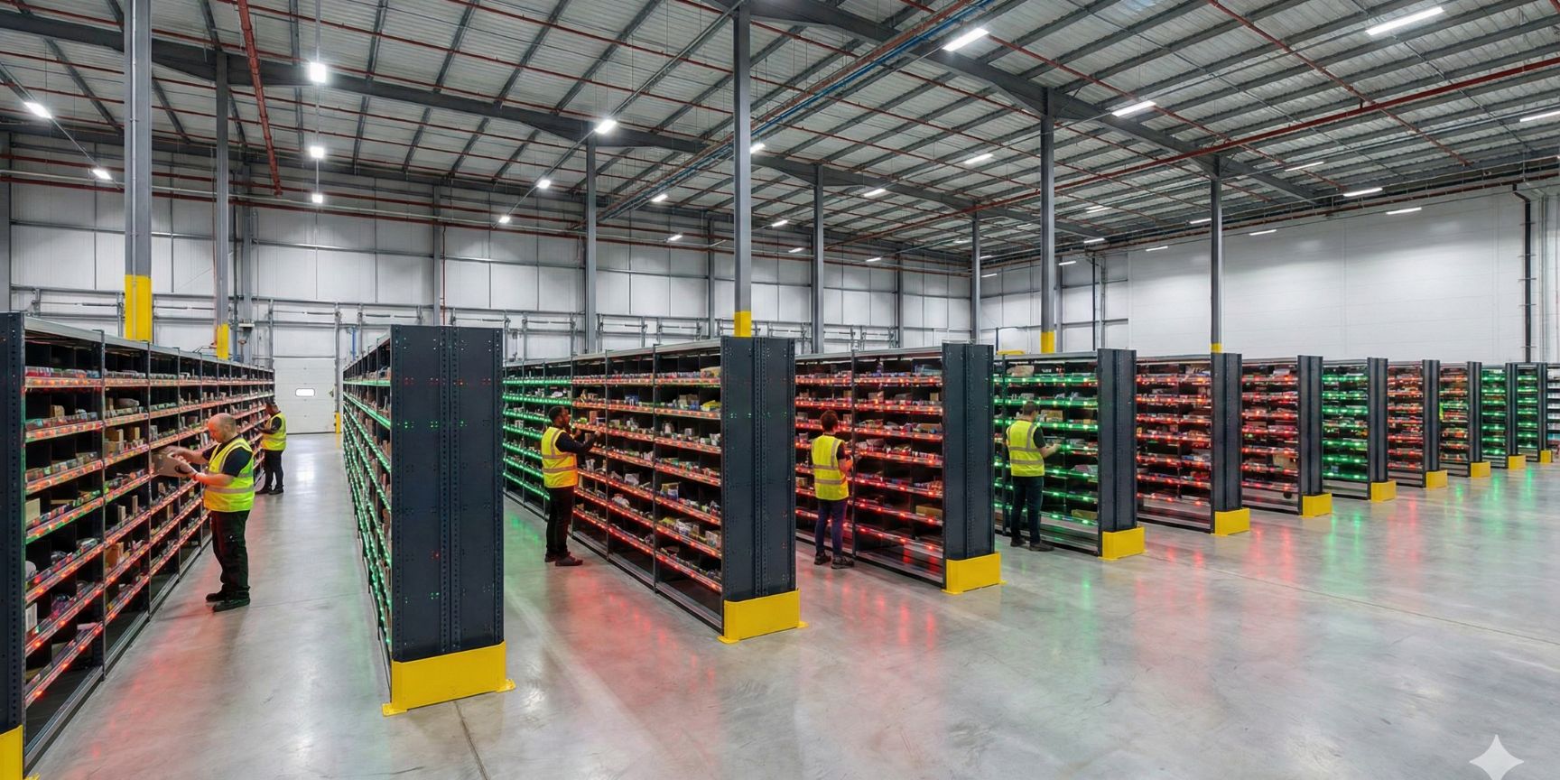 Weitwinkelaufnahme einer großen Logistikhalle mit mehreren langen Regalgängen, die vollständig mit einem Pick-by-Light-System ausgestattet sind. Rote und grüne Lichtsignale leuchten an den Regalfächern. Mehrere Kommissionierer in Warnwesten arbeiten in den Gängen. Das Bild zeigt die Integration der Technik in die Halleninfrastruktur.